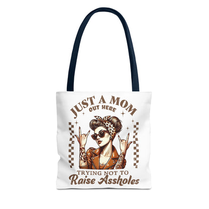 Funny Mom Tote Bag - Just a Mom Trying Not to Raise Assholes - Mother's Day Gift