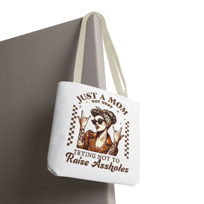 Funny Mom Tote Bag - Just a Mom Trying Not to Raise Assholes - Mother's Day Gift