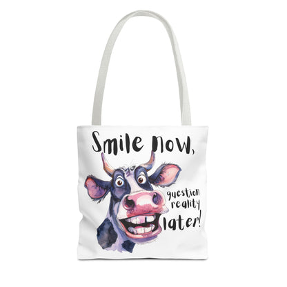 Funny Cow Tote Bag - 'Smile Now, Question Reality Later!' - Great Gift Idea, Mother's Day Gift