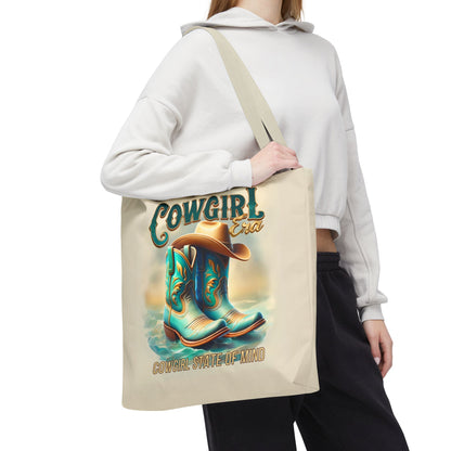 Cowgirl State of Mind Tote Bag – Turquoise and brown cowgirl boots - Cowgirl Era Perfect for Western Lovers and Everyday Use