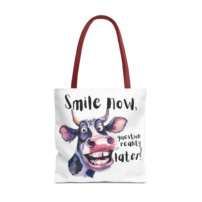 Funny Cow Tote Bag - 'Smile Now, Question Reality Later!' - Great Gift Idea, Mother's Day Gift