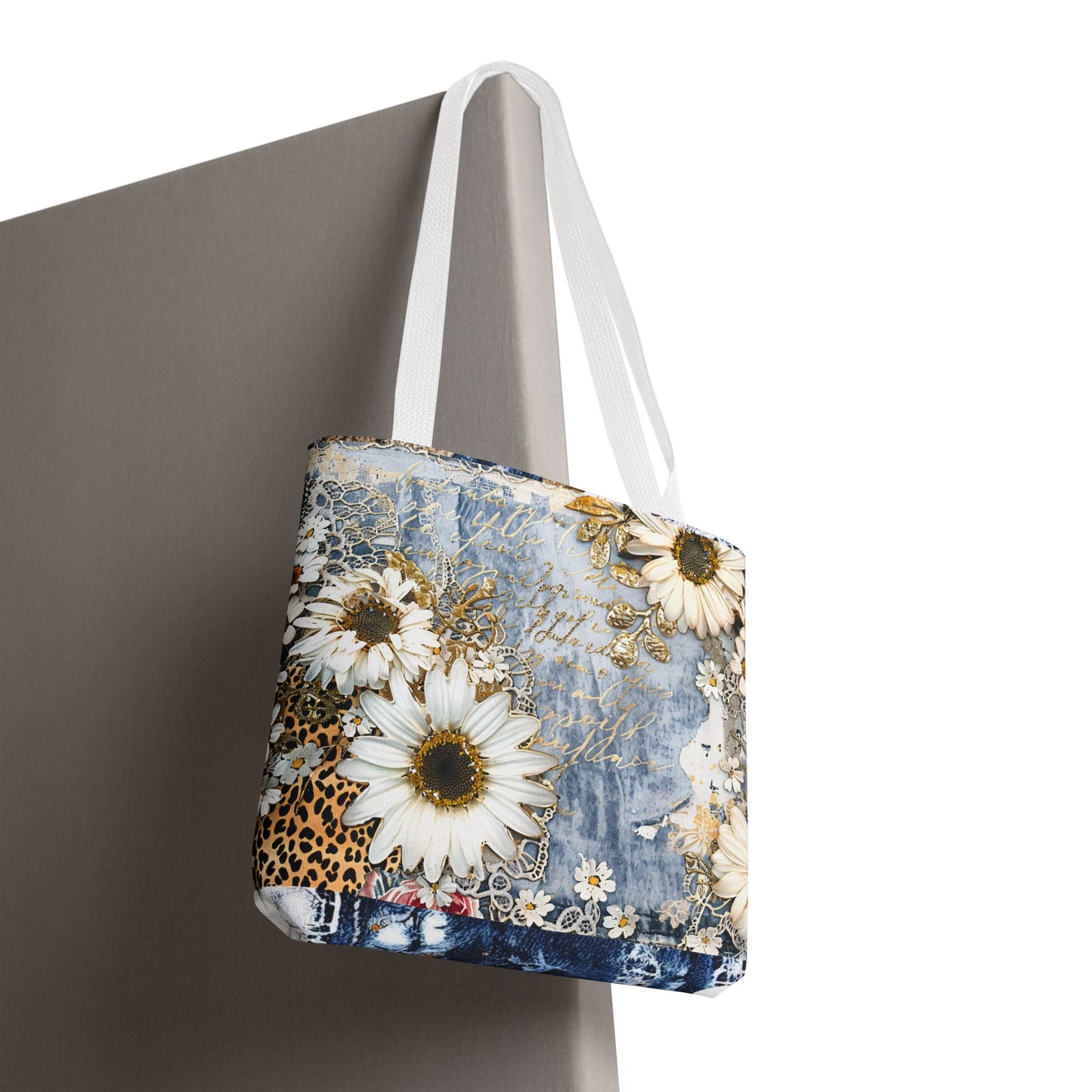 Chic Floral (Daisies and Sunflowers) Tote Bag with Leopard, Denim, and Lace Print - Stylish Everyday Accessory