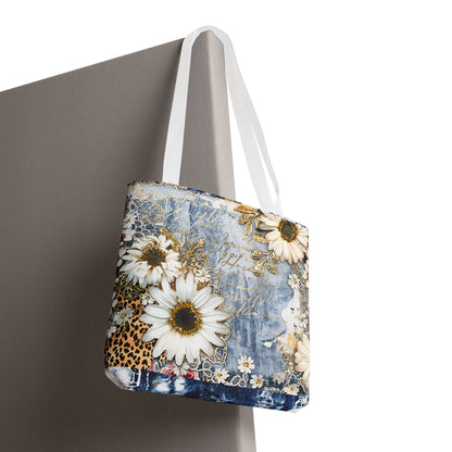 Chic Floral (Daisies and Sunflowers) Tote Bag with Leopard, Denim, and Lace Print - Stylish Everyday Accessory