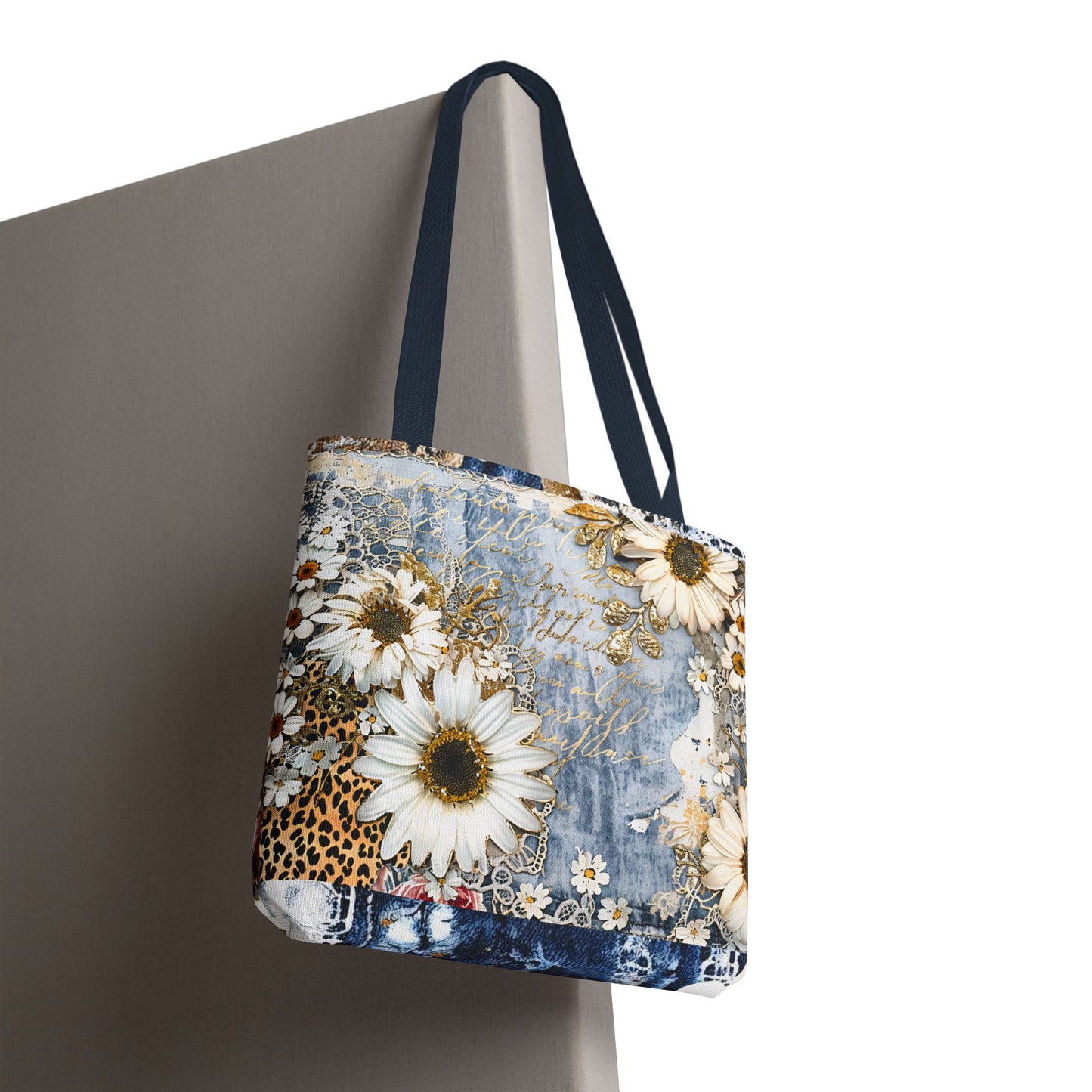 Chic Floral (Daisies and Sunflowers) Tote Bag with Leopard, Denim, and Lace Print - Stylish Everyday Accessory