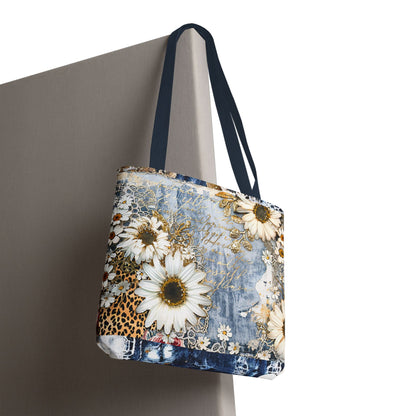 Chic Floral (Daisies and Sunflowers) Tote Bag with Leopard, Denim, and Lace Print - Stylish Everyday Accessory