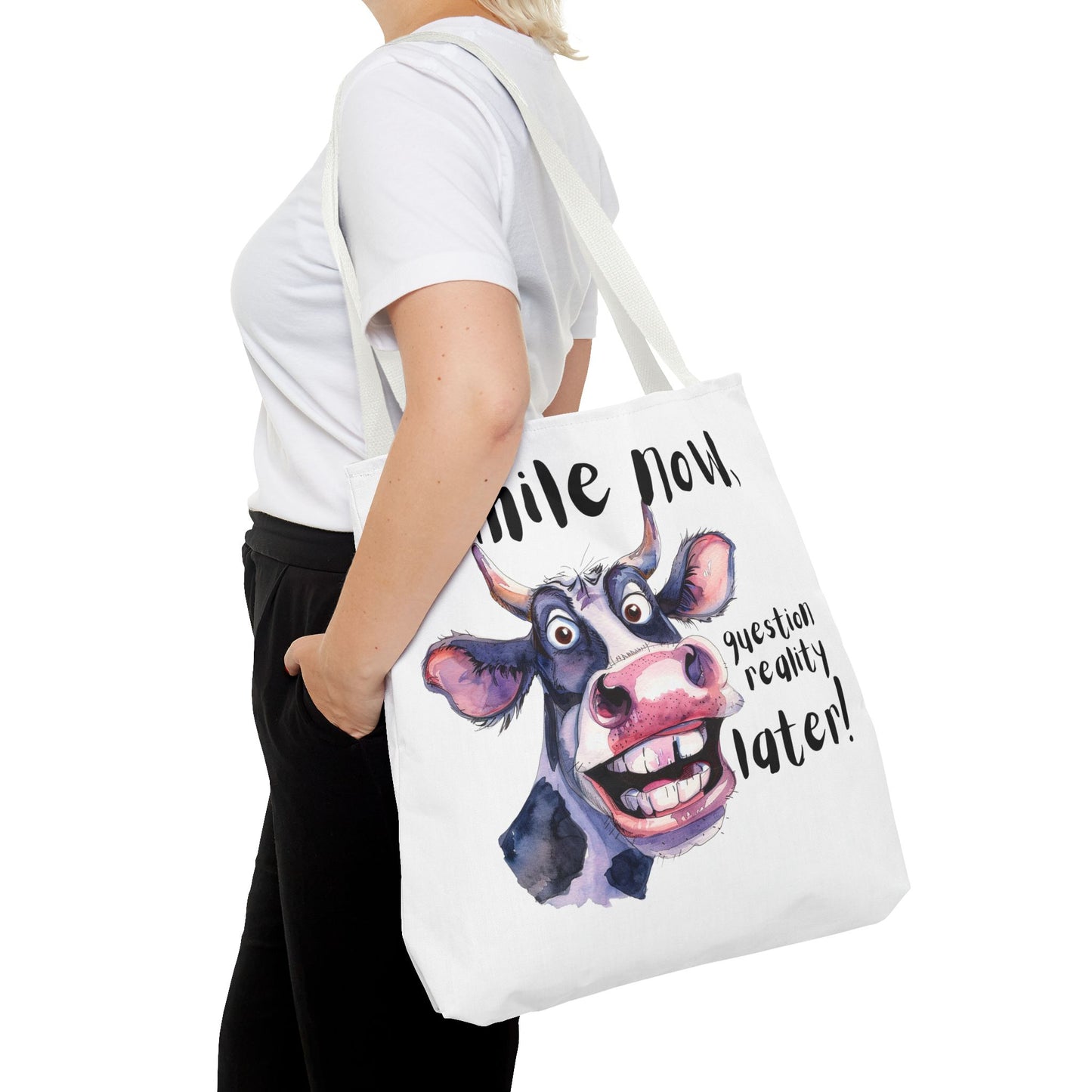 Funny Cow Tote Bag - 'Smile Now, Question Reality Later!' - Great Gift Idea, Mother's Day Gift