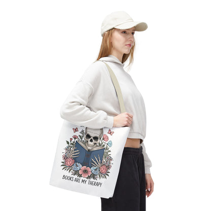 Books Are My Therapy- Skeleton Floral Tote Bag - Perfect Gift for Book Lovers