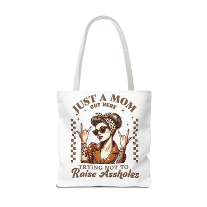 Funny Mom Tote Bag - Just a Mom Trying Not to Raise Assholes - Mother's Day Gift
