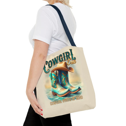 Cowgirl State of Mind Tote Bag – Turquoise and brown cowgirl boots - Cowgirl Era Perfect for Western Lovers and Everyday Use