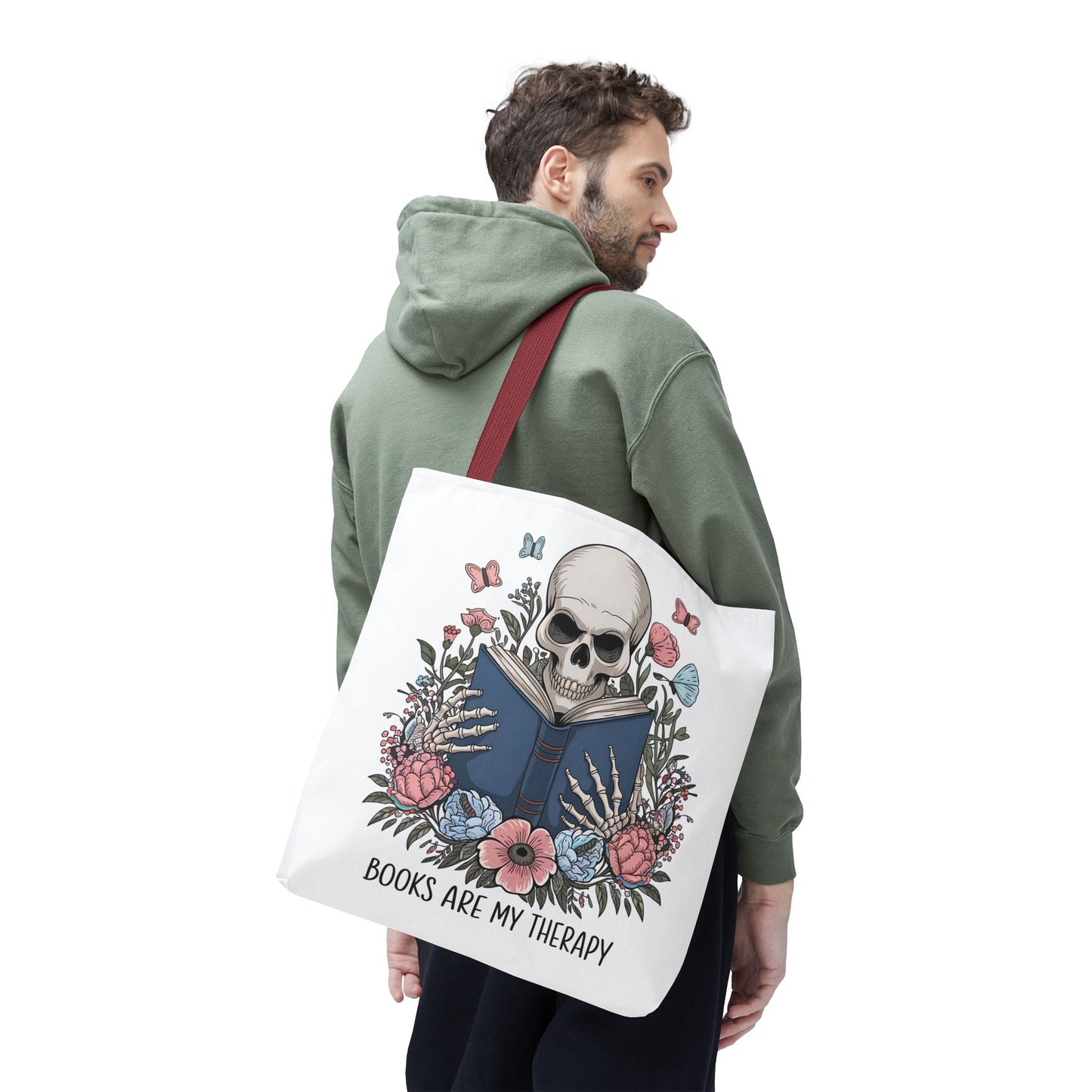 Books Are My Therapy- Skeleton Floral Tote Bag - Perfect Gift for Book Lovers