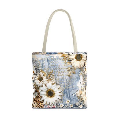 Chic Floral (Daisies and Sunflowers) Tote Bag with Leopard, Denim, and Lace Print - Stylish Everyday Accessory