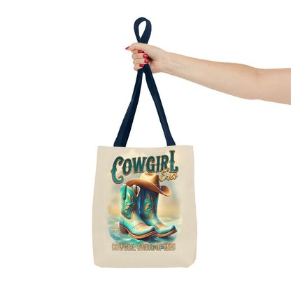 Cowgirl State of Mind Tote Bag – Turquoise and brown cowgirl boots - Cowgirl Era Perfect for Western Lovers and Everyday Use