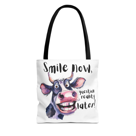 Funny Cow Tote Bag - 'Smile Now, Question Reality Later!' - Great Gift Idea, Mother's Day Gift