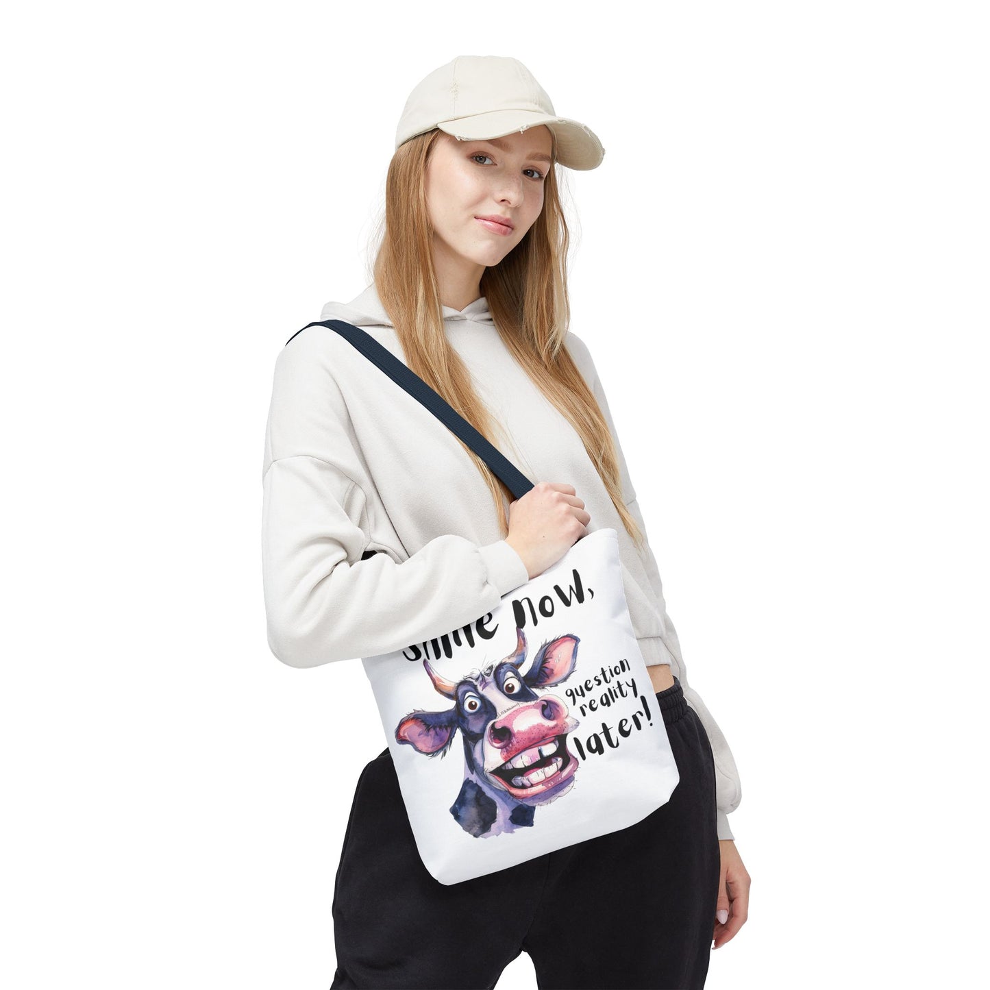 Funny Cow Tote Bag - 'Smile Now, Question Reality Later!' - Great Gift Idea, Mother's Day Gift