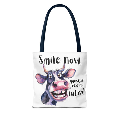 Funny Cow Tote Bag - 'Smile Now, Question Reality Later!' - Great Gift Idea, Mother's Day Gift