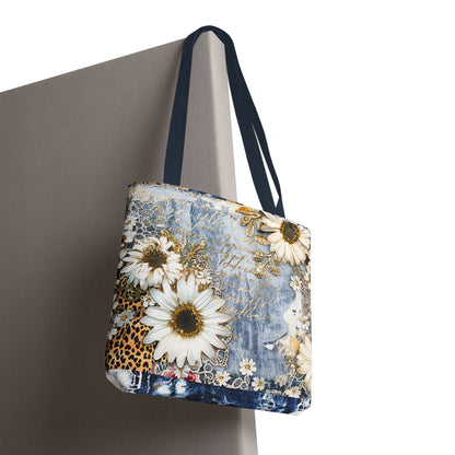 Chic Floral (Daisies and Sunflowers) Tote Bag with Leopard, Denim, and Lace Print - Stylish Everyday Accessory
