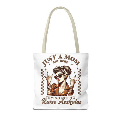 Funny Mom Tote Bag - Just a Mom Trying Not to Raise Assholes - Mother's Day Gift