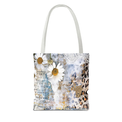 Chic Floral (Daisies and Sunflowers) Tote Bag with Leopard, Denim, and Lace Print - Stylish Everyday Accessory
