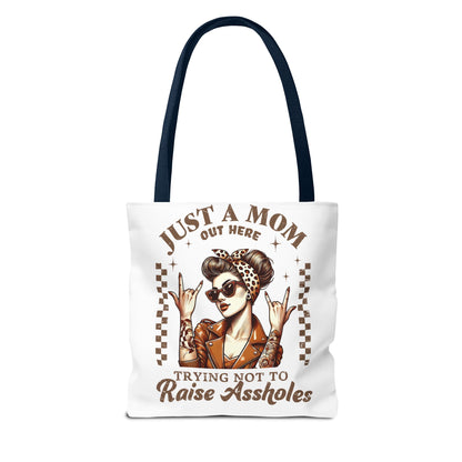 Funny Mom Tote Bag - Just a Mom Trying Not to Raise Assholes - Mother's Day Gift