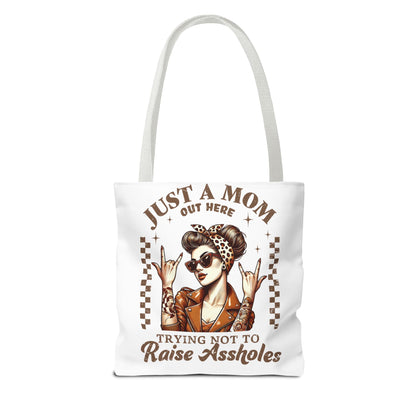 Funny Mom Tote Bag - Just a Mom Trying Not to Raise Assholes - Mother's Day Gift