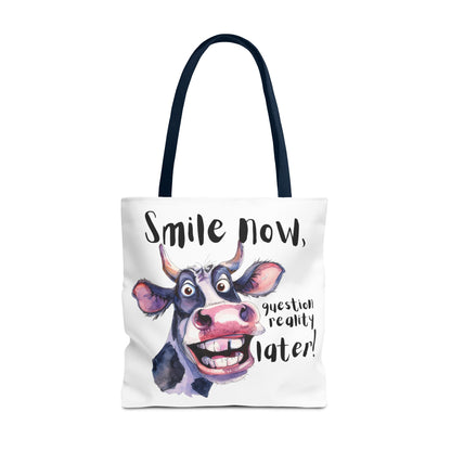 Funny Cow Tote Bag - 'Smile Now, Question Reality Later!' - Great Gift Idea, Mother's Day Gift