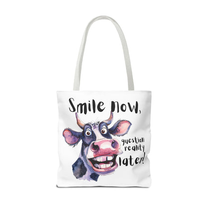 Funny Cow Tote Bag - 'Smile Now, Question Reality Later!' - Great Gift Idea, Mother's Day Gift
