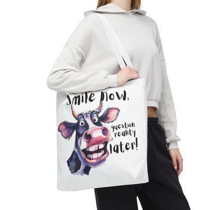 Funny Cow Tote Bag - 'Smile Now, Question Reality Later!' - Great Gift Idea, Mother's Day Gift