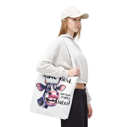 Funny Cow Tote Bag - 'Smile Now, Question Reality Later!' - Great Gift Idea, Mother's Day Gift