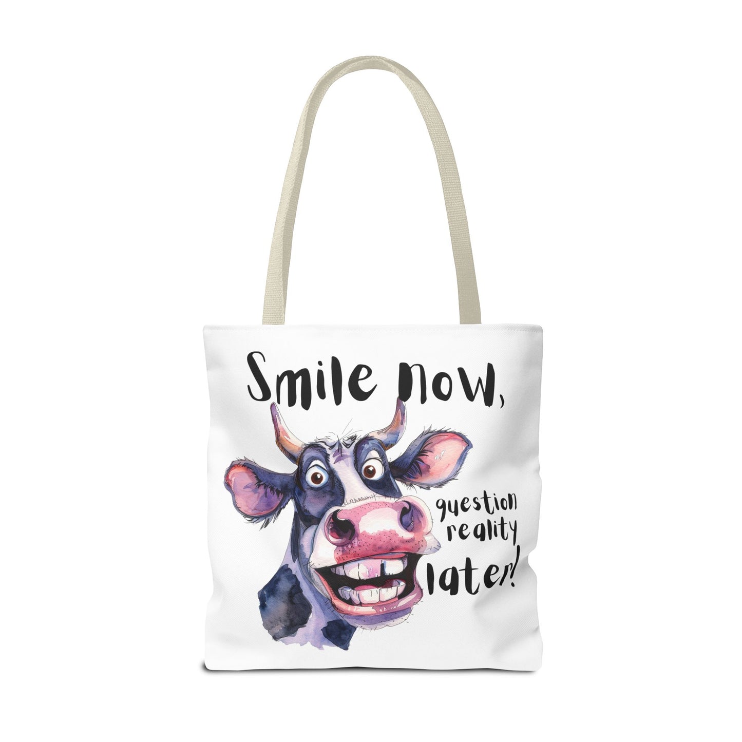 Funny Cow Tote Bag - 'Smile Now, Question Reality Later!' - Great Gift Idea, Mother's Day Gift