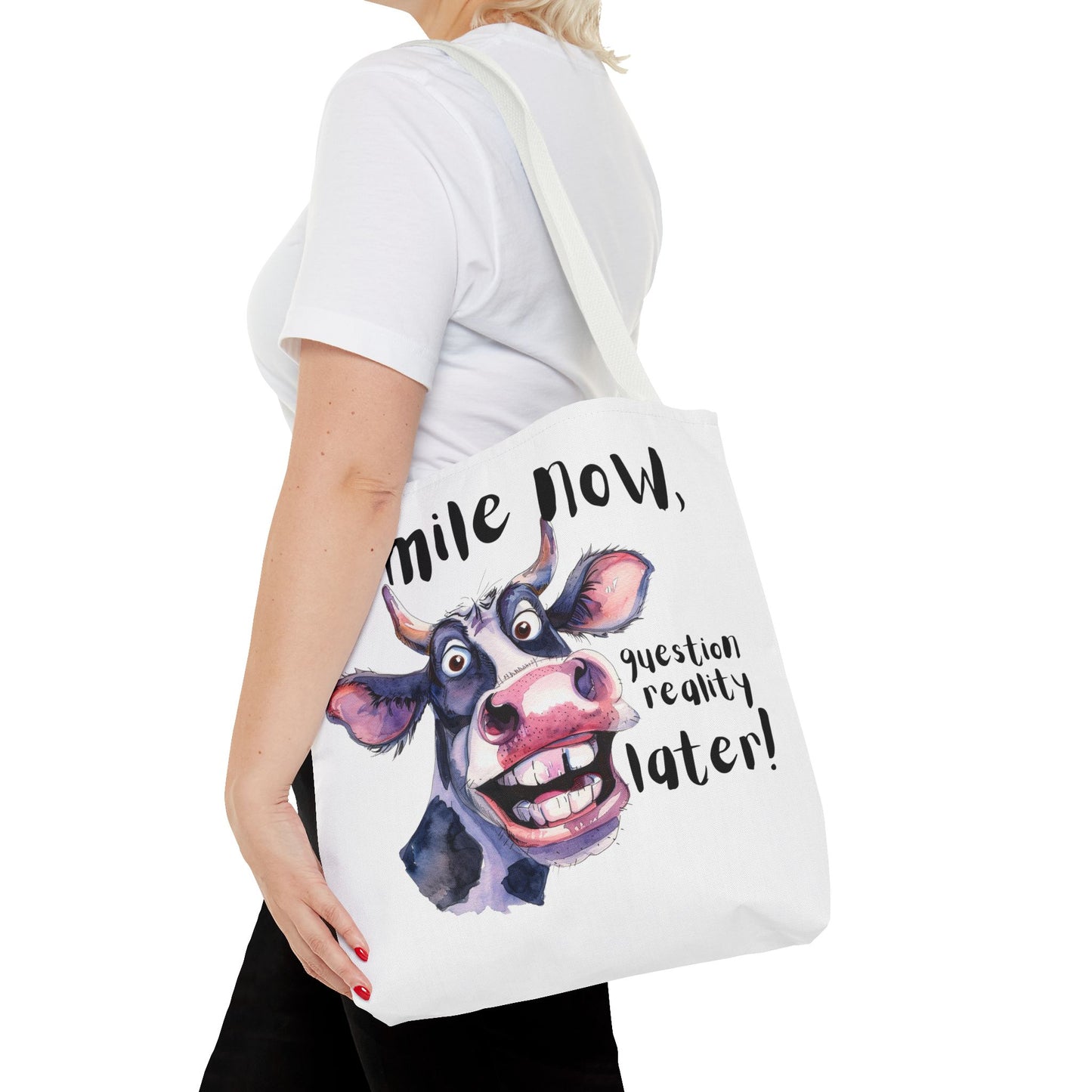 Funny Cow Tote Bag - 'Smile Now, Question Reality Later!' - Great Gift Idea, Mother's Day Gift