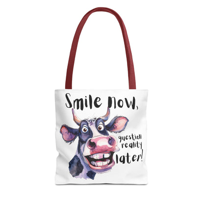 Funny Cow Tote Bag - 'Smile Now, Question Reality Later!' - Great Gift Idea, Mother's Day Gift