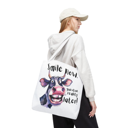 Funny Cow Tote Bag - 'Smile Now, Question Reality Later!' - Great Gift Idea, Mother's Day Gift