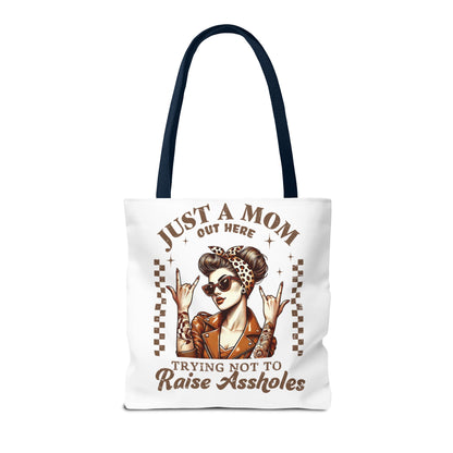 Funny Mom Tote Bag - Just a Mom Trying Not to Raise Assholes - Mother's Day Gift