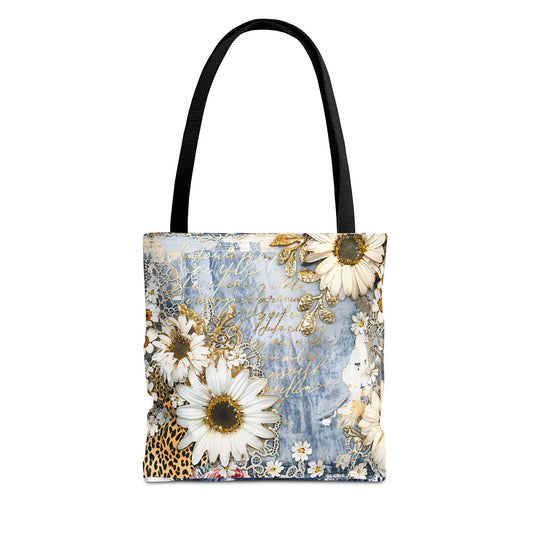 Chic Floral (Daisies and Sunflowers) Tote Bag with Leopard, Denim, and Lace Print - Stylish Everyday Accessory