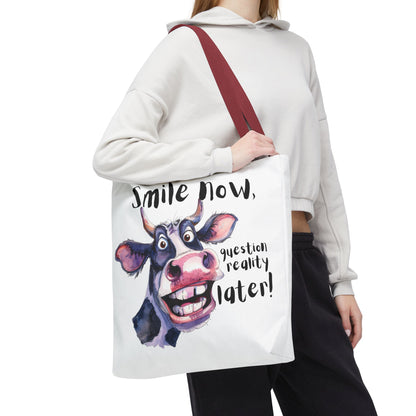 Funny Cow Tote Bag - 'Smile Now, Question Reality Later!' - Great Gift Idea, Mother's Day Gift