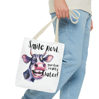 Funny Cow Tote Bag - 'Smile Now, Question Reality Later!' - Great Gift Idea, Mother's Day Gift