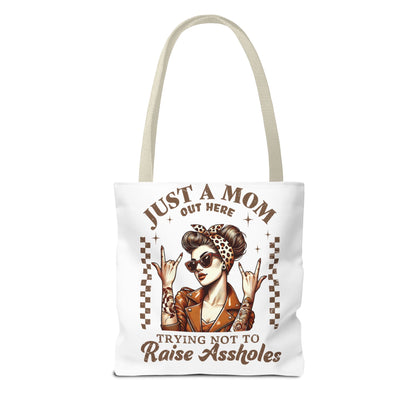Funny Mom Tote Bag - Just a Mom Trying Not to Raise Assholes - Mother's Day Gift