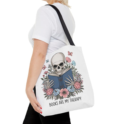 Books Are My Therapy- Skeleton Floral Tote Bag - Perfect Gift for Book Lovers