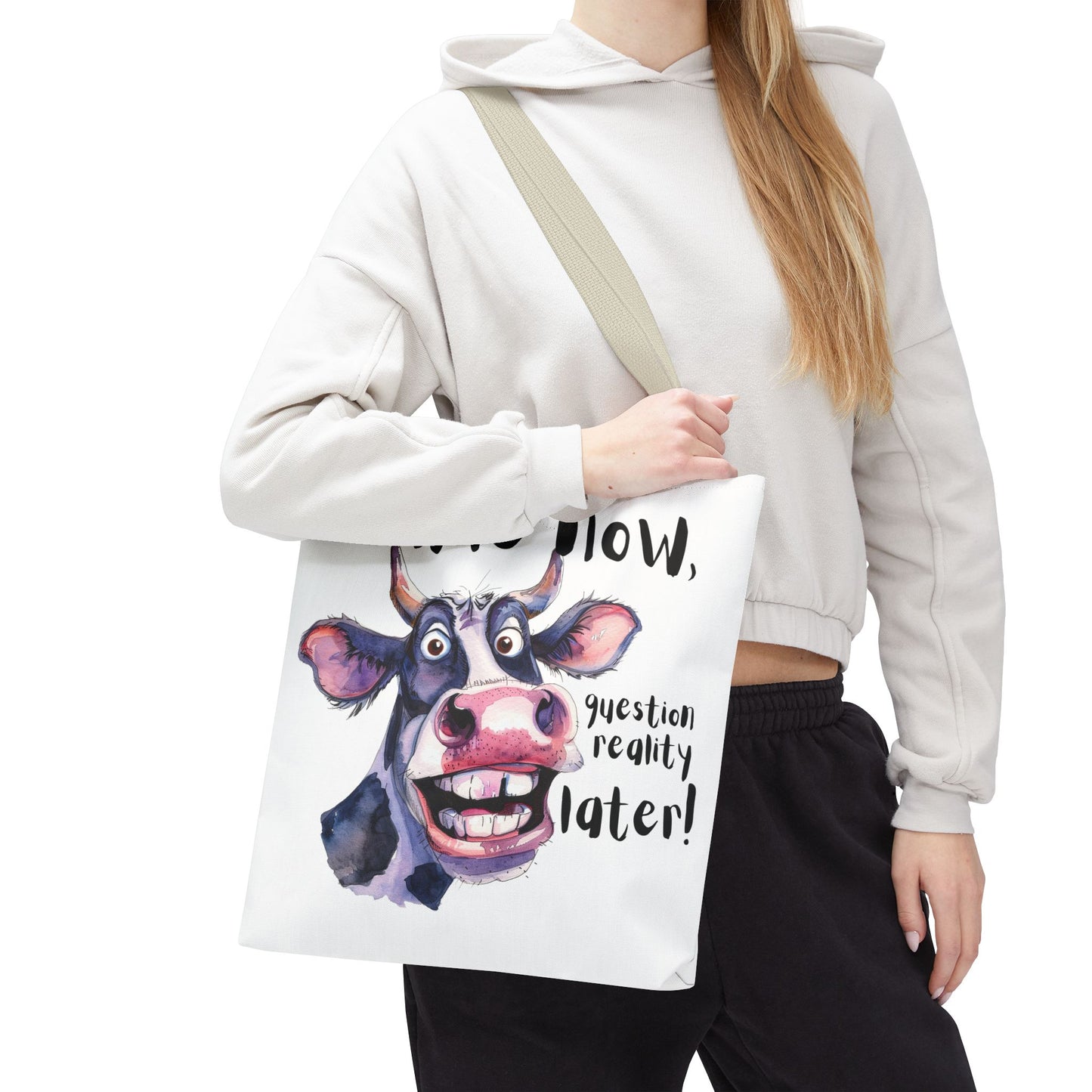 Funny Cow Tote Bag - 'Smile Now, Question Reality Later!' - Great Gift Idea, Mother's Day Gift