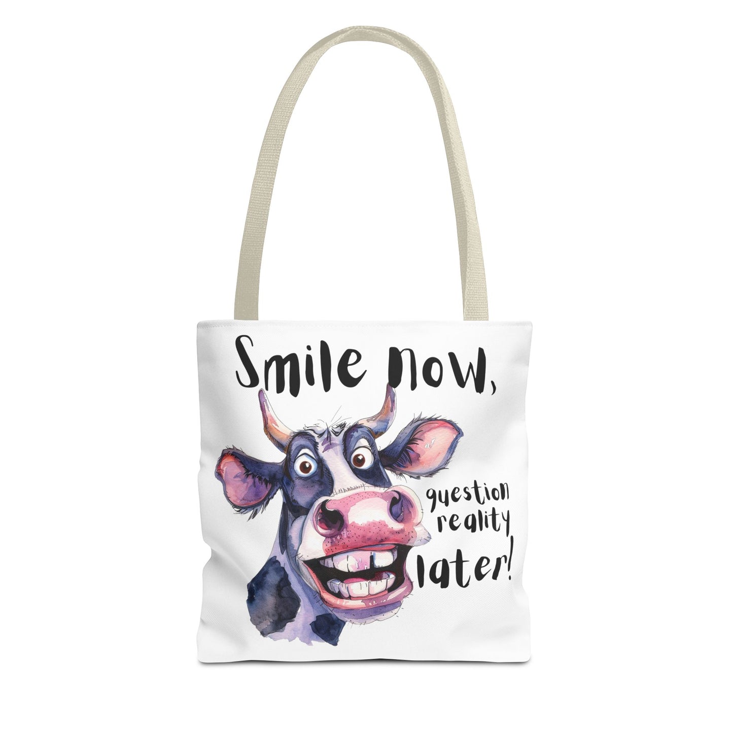 Funny Cow Tote Bag - 'Smile Now, Question Reality Later!' - Great Gift Idea, Mother's Day Gift