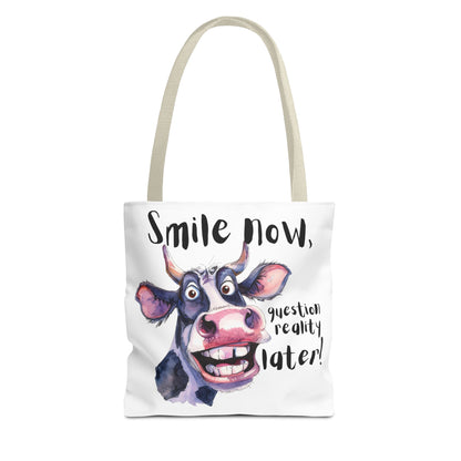 Funny Cow Tote Bag - 'Smile Now, Question Reality Later!' - Great Gift Idea, Mother's Day Gift