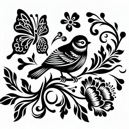 Chinoiserie Inspired Bird, Peony, Vines and Butterfly Vinyl Decal – CAR WINDOW, LAPTOP, Elegant Floral Bird Silhouette Design