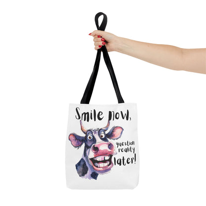 Funny Cow Tote Bag - 'Smile Now, Question Reality Later!' - Great Gift Idea, Mother's Day Gift