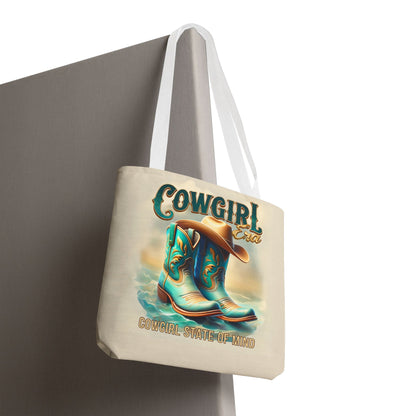Cowgirl State of Mind Tote Bag – Turquoise and brown cowgirl boots - Cowgirl Era Perfect for Western Lovers and Everyday Use