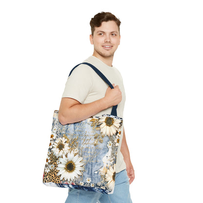 Chic Floral (Daisies and Sunflowers) Tote Bag with Leopard, Denim, and Lace Print - Stylish Everyday Accessory