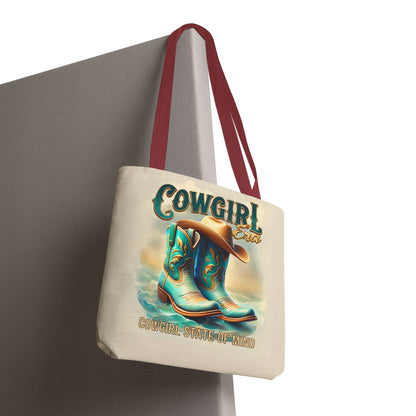 Cowgirl State of Mind Tote Bag – Turquoise and brown cowgirl boots - Cowgirl Era Perfect for Western Lovers and Everyday Use