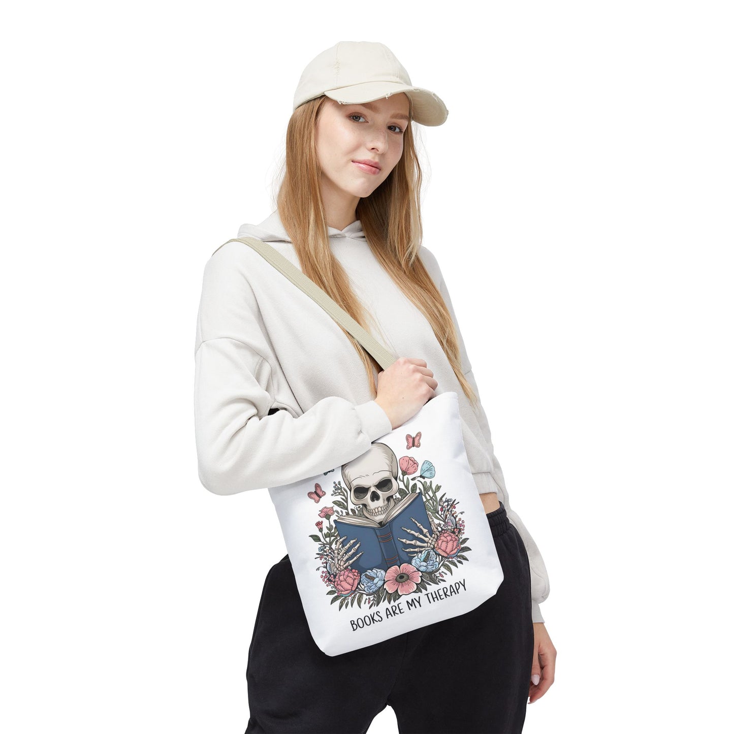 Books Are My Therapy- Skeleton Floral Tote Bag - Perfect Gift for Book Lovers