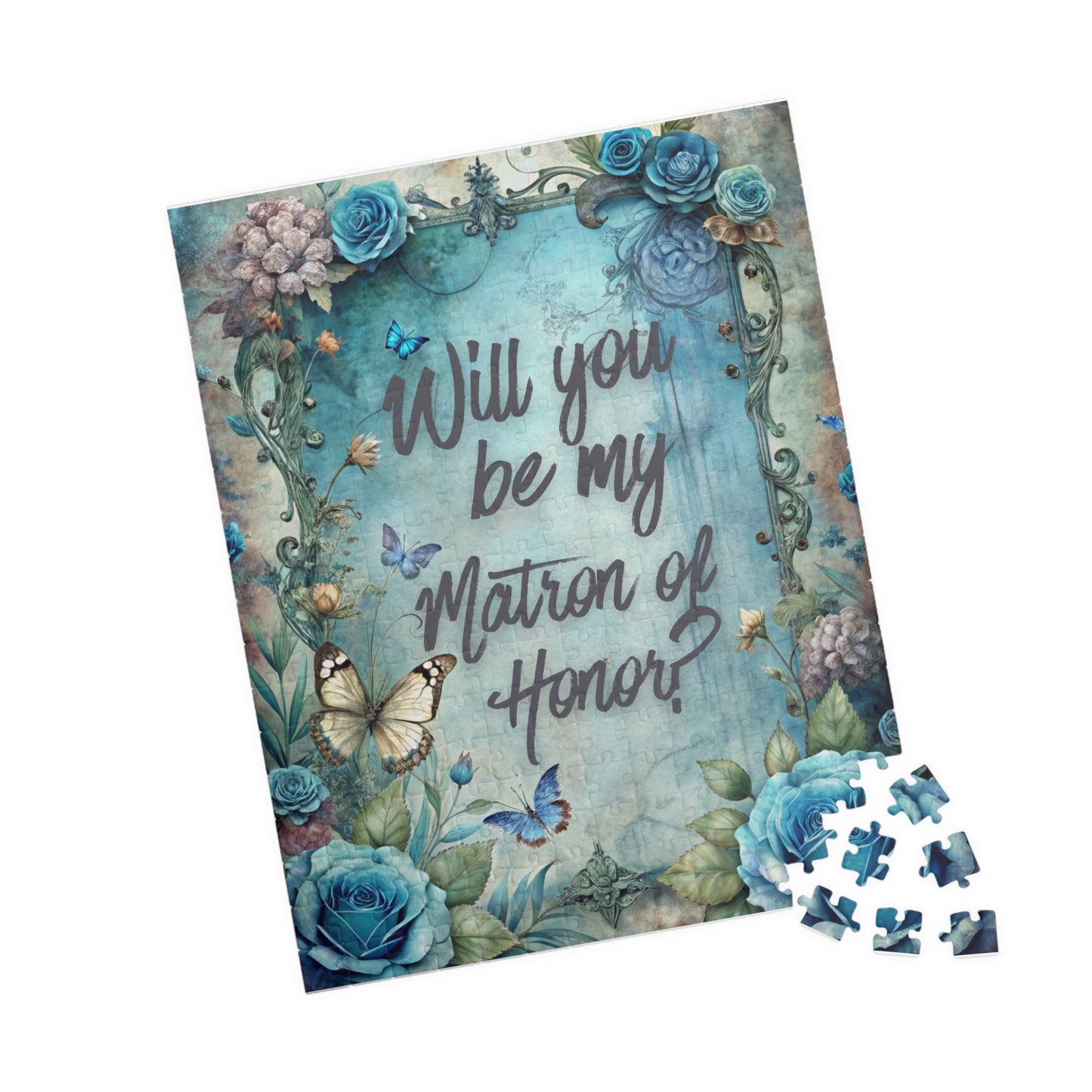 Matron of Honor Proposal Puzzle – Blue Floral Bridal Party Gift & Keepsake | Bridal Party Proposal Gift | Wedding Asking Puzzle