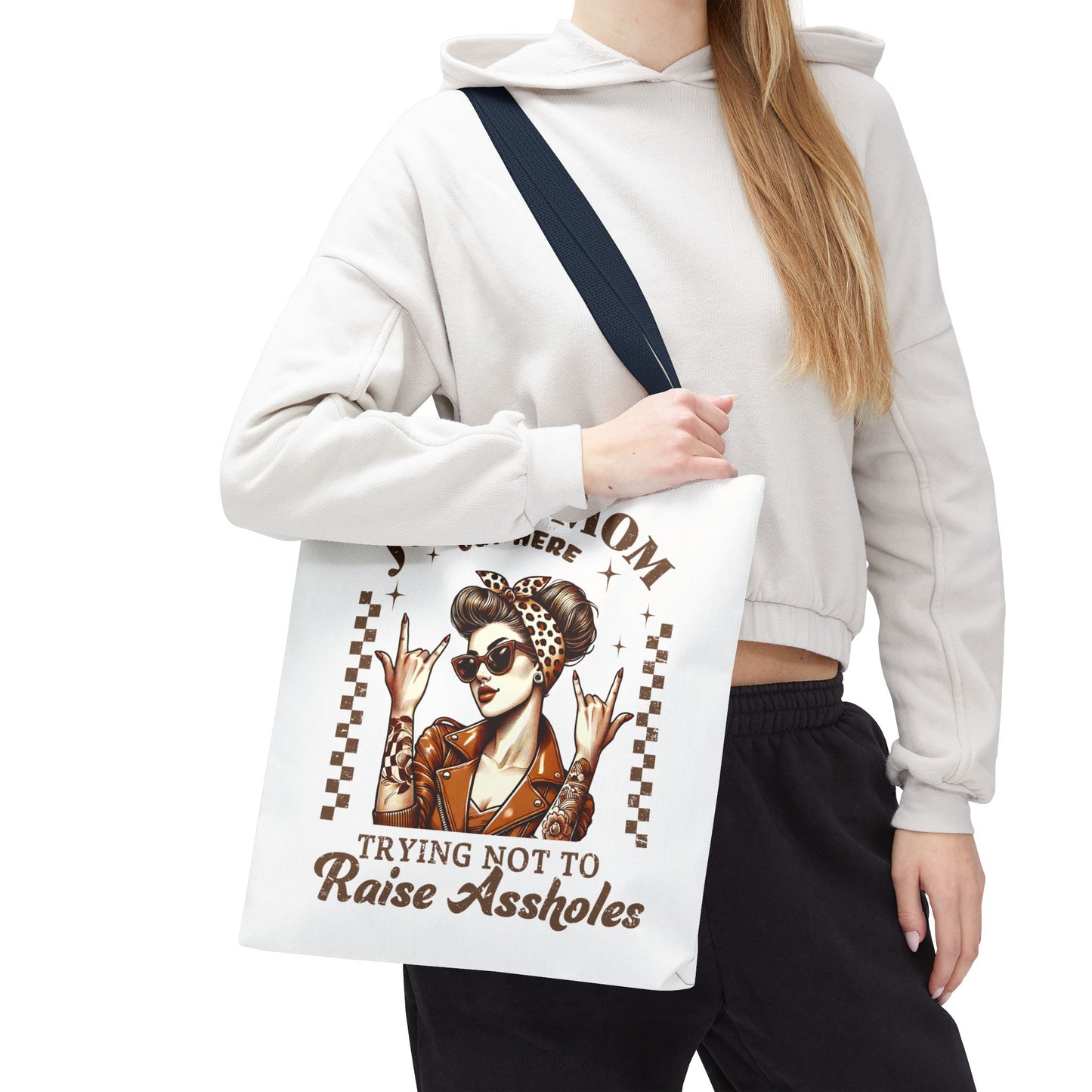 Funny Mom Tote Bag - Just a Mom Trying Not to Raise Assholes - Mother's Day Gift