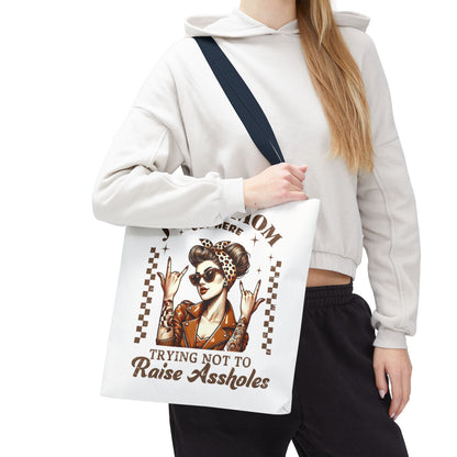 Funny Mom Tote Bag - Just a Mom Trying Not to Raise Assholes - Mother's Day Gift